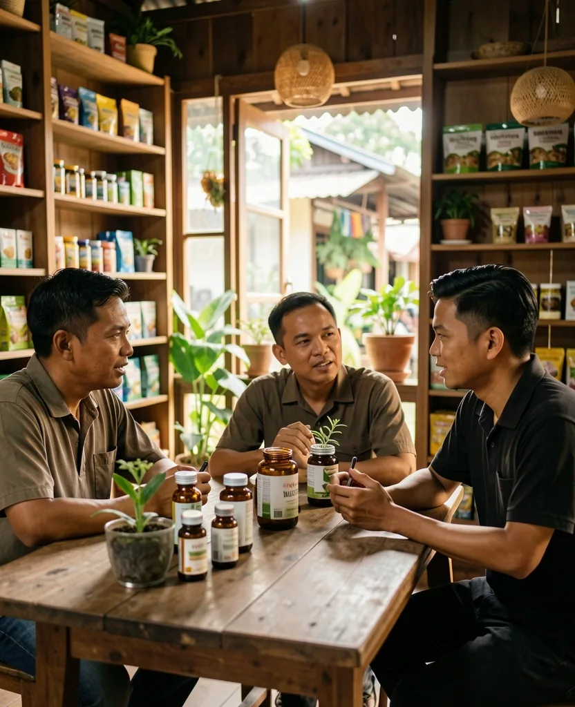Men gathered around a table discussing herbal products