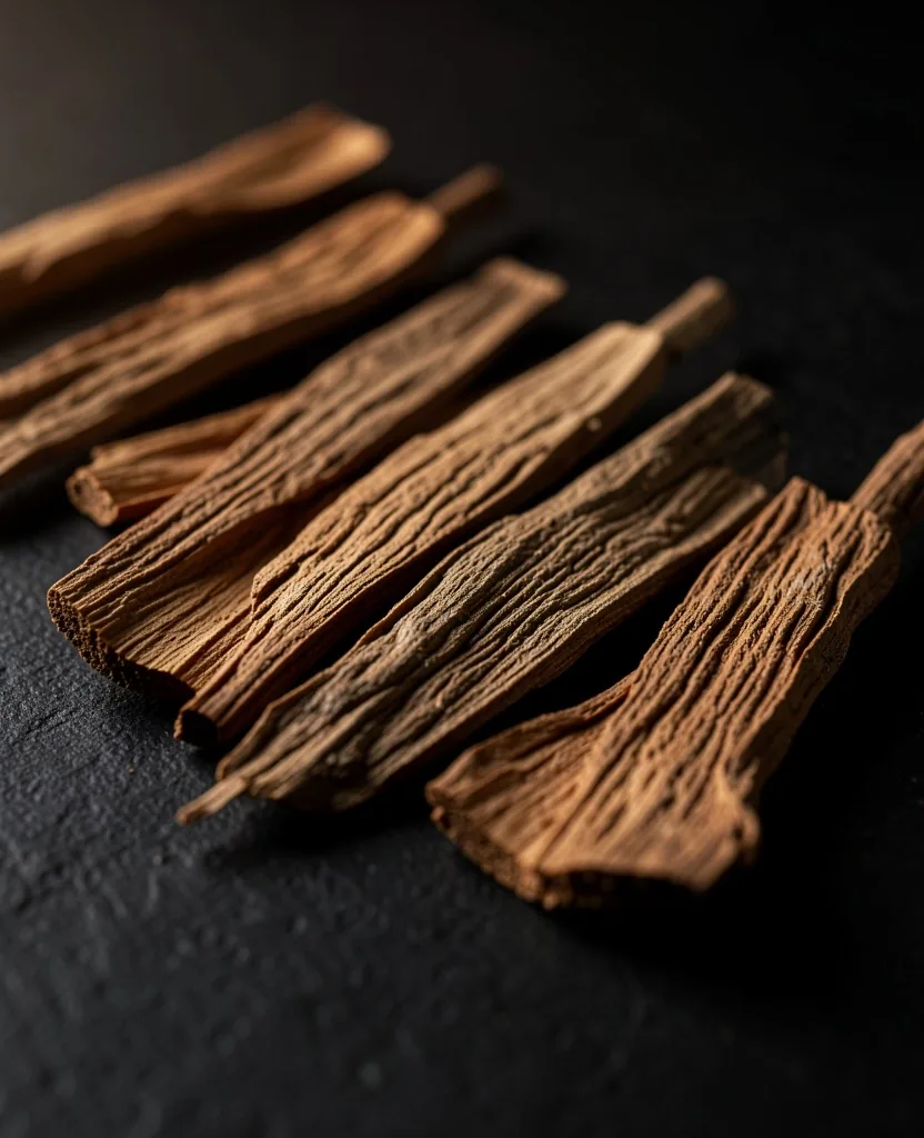 Dried botanical root specimens on a dark surface