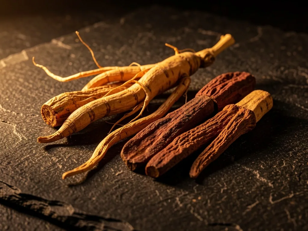 Dried Indonesian herbal roots on dark stone surface
