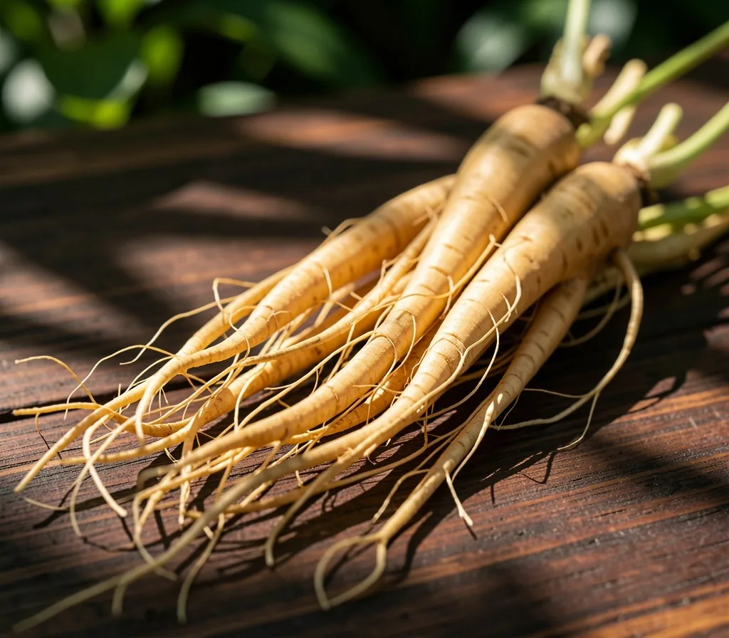 Fresh ginseng root close-up showing intricate tendrils