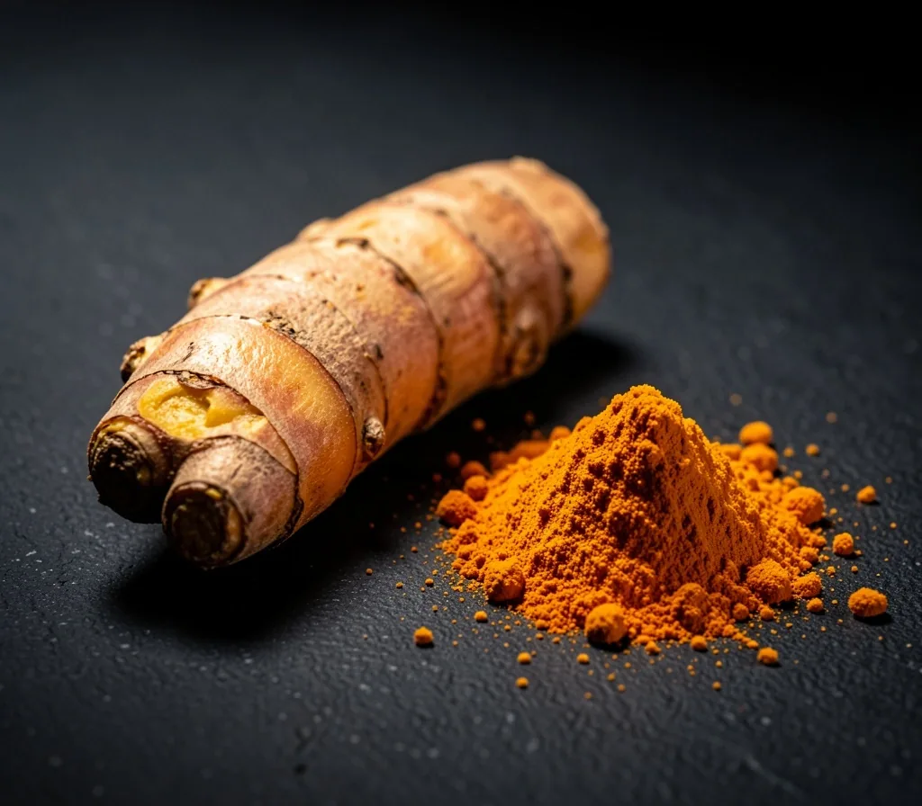 Turmeric root and powder on dark surface