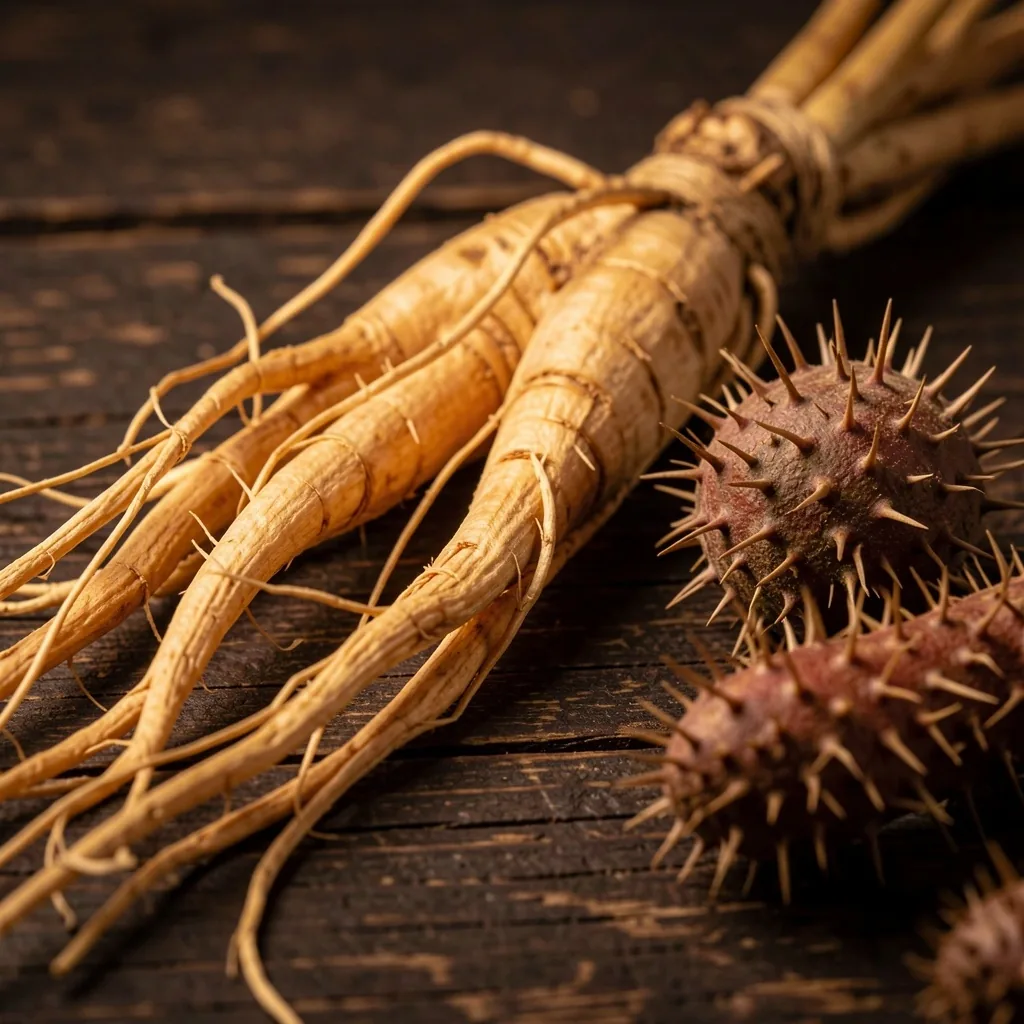 Dried ginseng root and tribulus specimens
