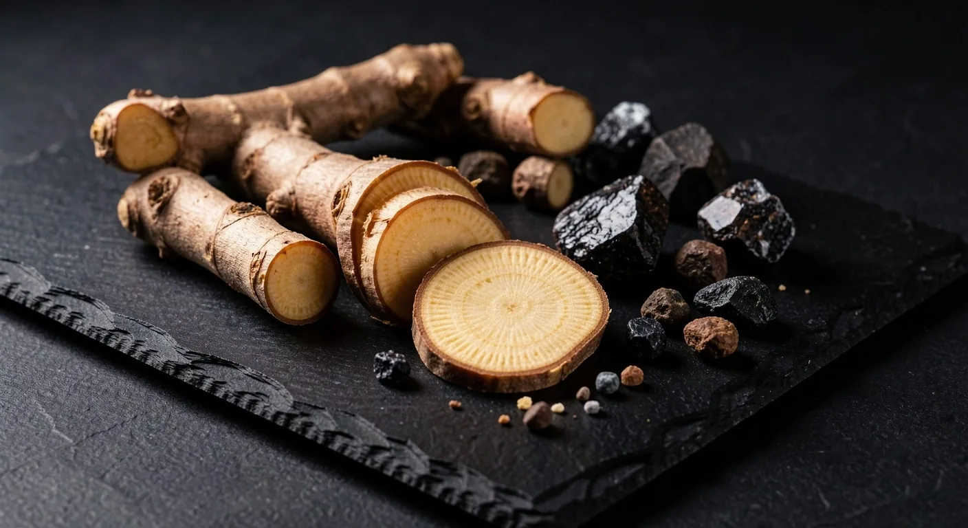 Macro photograph of herbal root slices and mineral crystals on dark surface